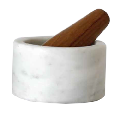 Molcajete Tula de mármol blanco con mazo de madera Tzalam - Ornametría
